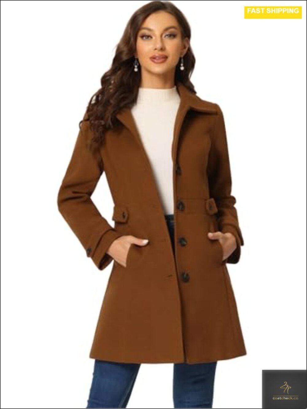 Winter Single Breasted Overcoat with Button Front and Belted Cuffs